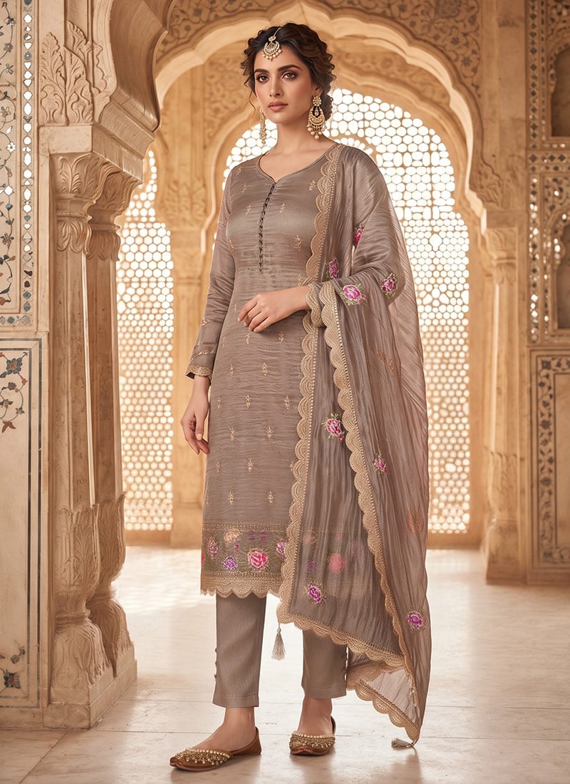 Brown Silk Embroidered Straight Pant Suit After Six Wear