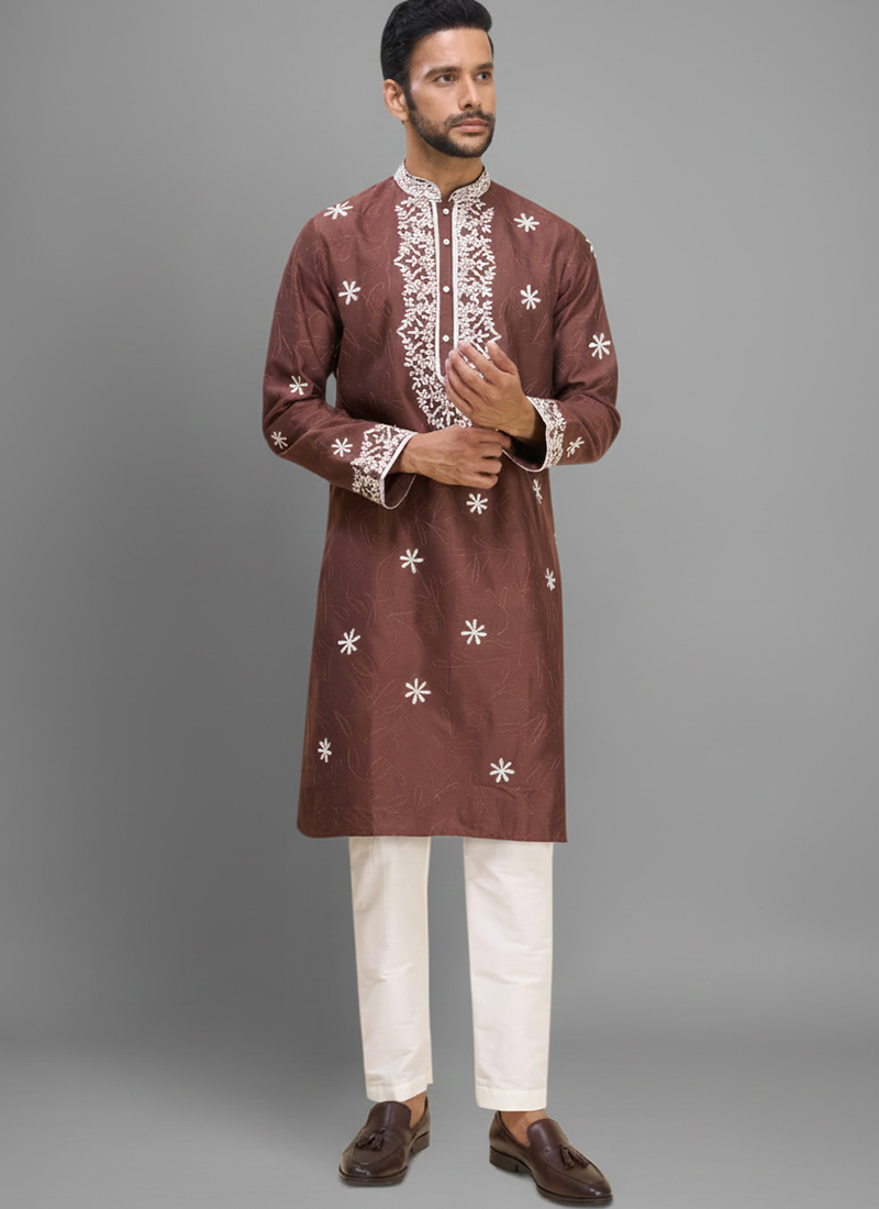 Brown Silk Embroidered Stylish Kurta Pyjama Festive Wear