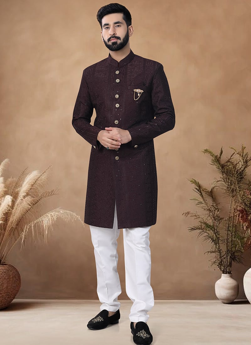 Brown Silk Embroidered Thread Classic Sherwani Wedding Wear