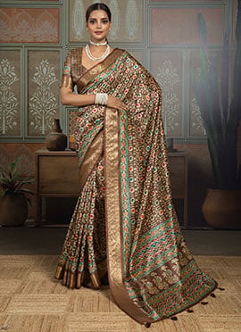 Brown Silk Floral Printed Saree