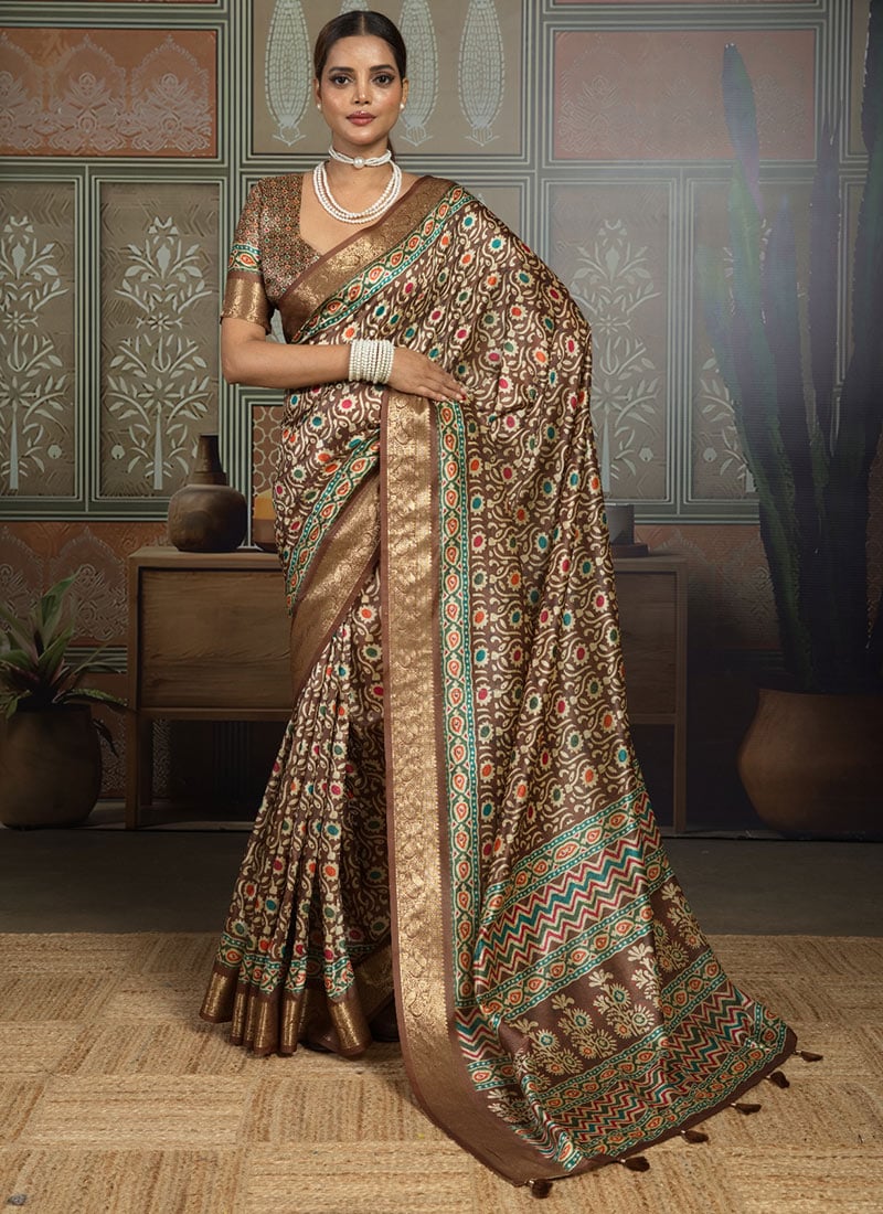 Brown Silk Floral Printed Saree Festive Wear