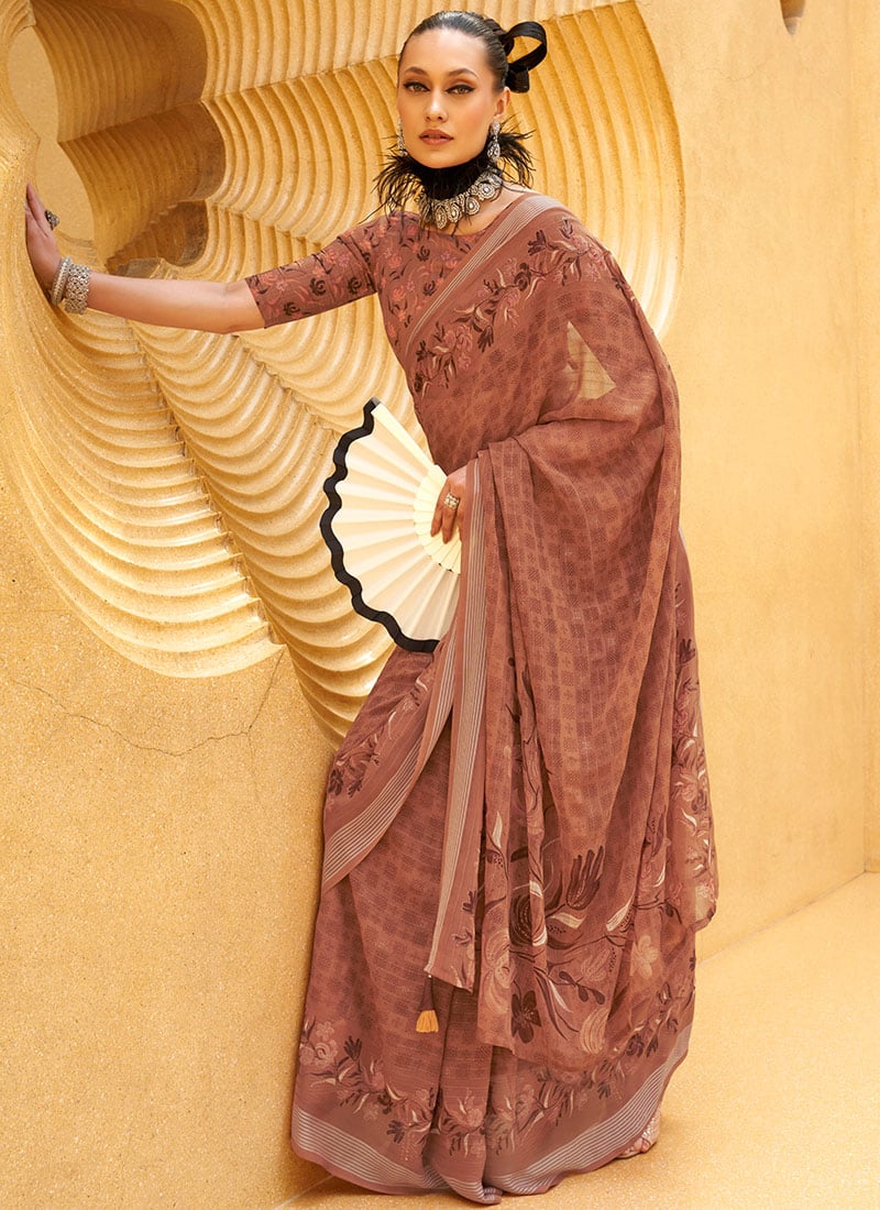 Brown Silk Georgette Printed Saree After Six Wear