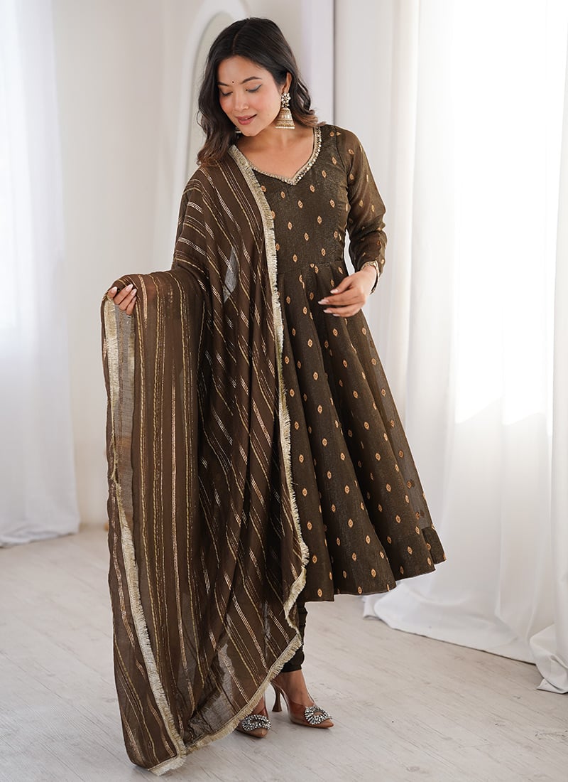 Brown Silk Jacquard Anarkali Suit Festive Wear