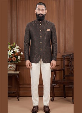 Brown Silk Jacquard Jodhpuri Suit For Men