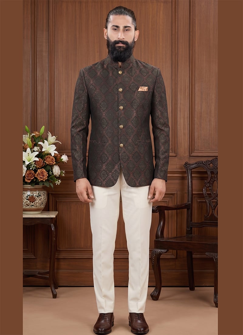 Brown Silk Jacquard Jodhpuri Suit For Men After Six Wear