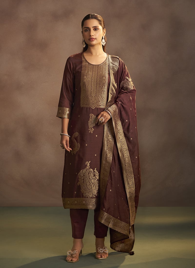 Brown Silk Jacquard Straight Pant Suit Festive Wear
