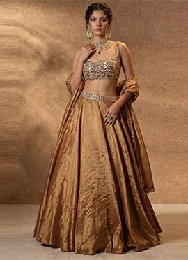 Brown Silk Lehenga Set With Hand Embroidered Zari And Mirror Work