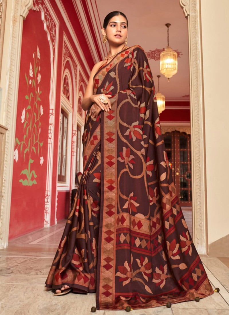 Brown Silk Printed Saree After Six Wear
