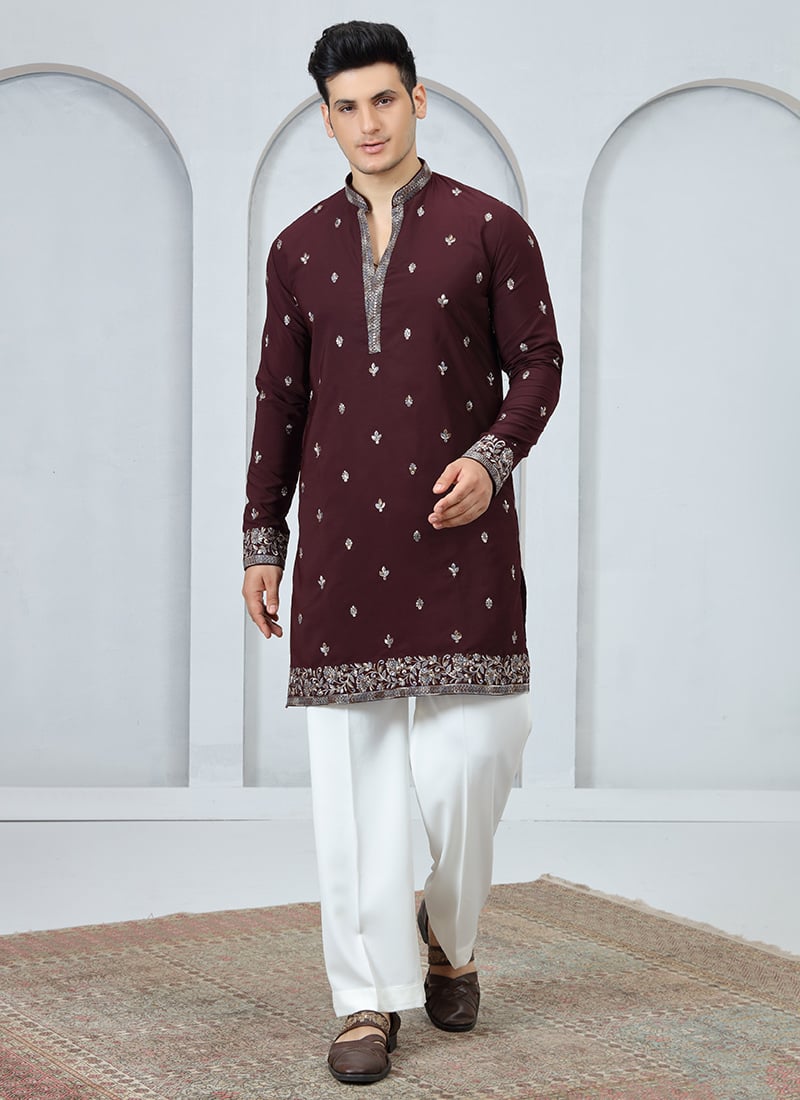 Brown Silk Sequins Embroidered Kurta Pyjama Festive Wear