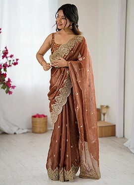 Brown Silk Zari Embroidered Dual Tone Saree