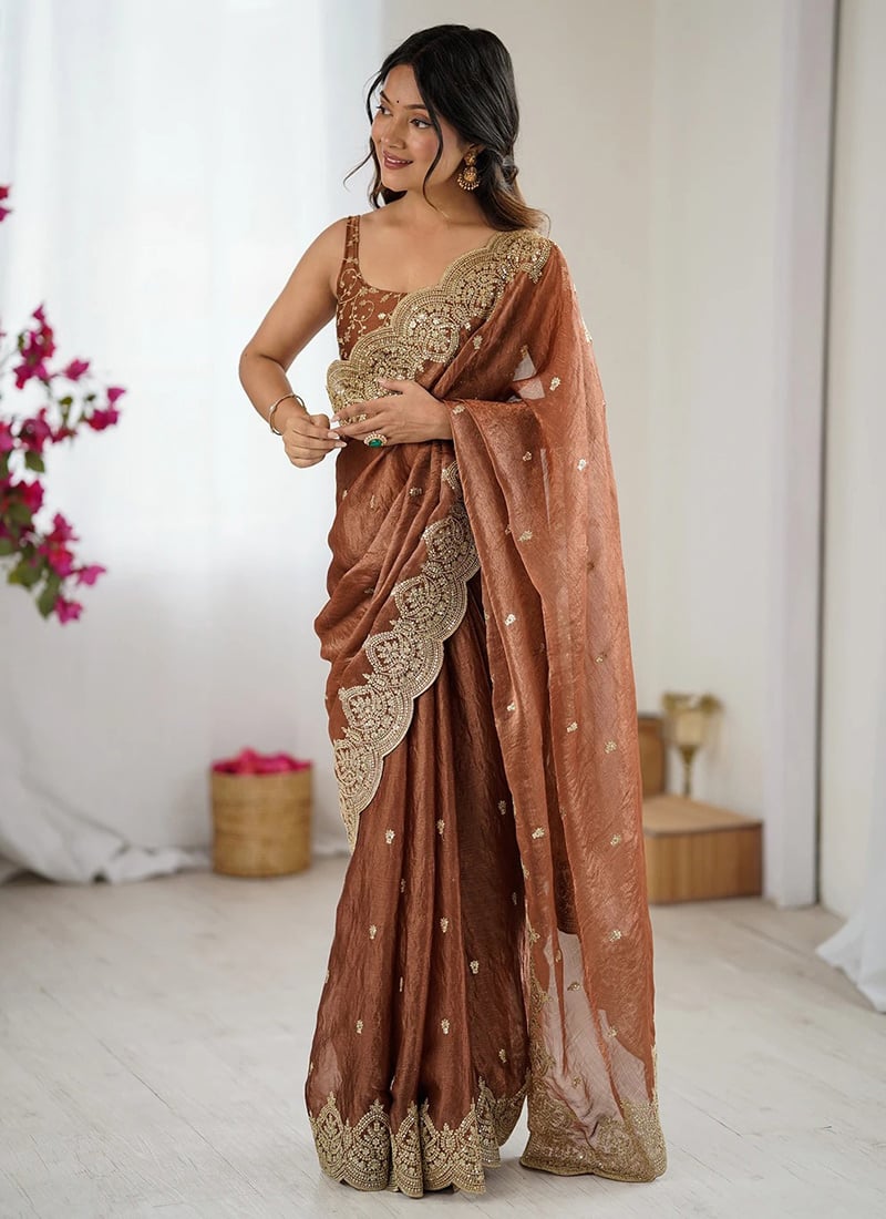 Brown Silk Zari Embroidered Dual Tone Saree Festive Wear