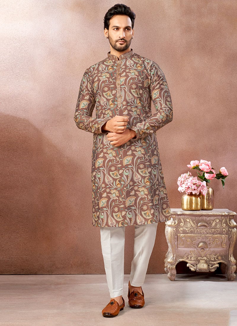 Brown Silk Zari Embroidered Printed Kurta Pyjama Festive Wear