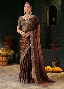 Brown Silk Zari Embroidered Saree