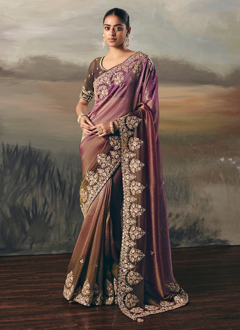 Brown Silk Zari Embroidered Sequins Saree Wedding Wear