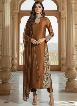Brown Silk Zari Hand Embroidered Straight Pant Suit