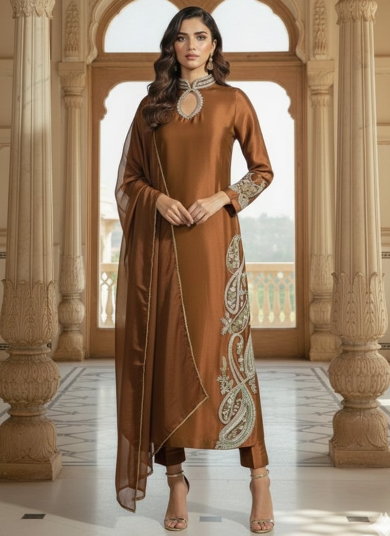 Brown Silk Zari Hand Embroidered Straight Pant Suit Festive Wear