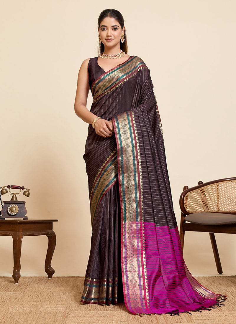 Brown Silk Zari Jacquard Woven Saree Festive Wear