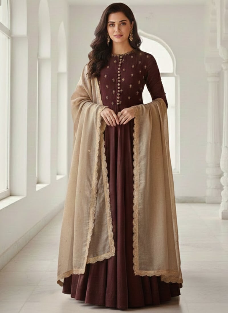 Brown Silk Zari Sequins Anarkali Suit Festive Wear