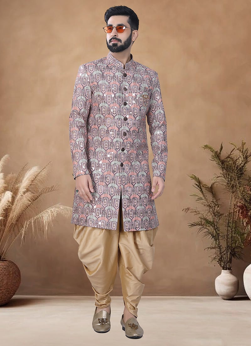 Brown Soft Cotton Embroidered Sequins Indowestern Sherwani Wedding Wear