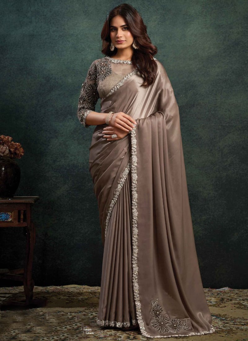 Brown Soft Satin Sequins Embroidered Stones Applique Saree Wedding Wear