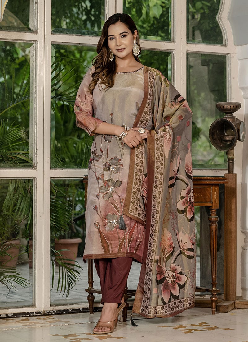 Brown Tissue Digital Print Zardosi Sequins Beads Straight Pant Suit Festive Wear