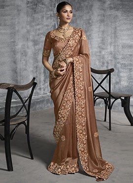 Brown Tissue Embroidered Sequins With Stone And Beads Work Saree