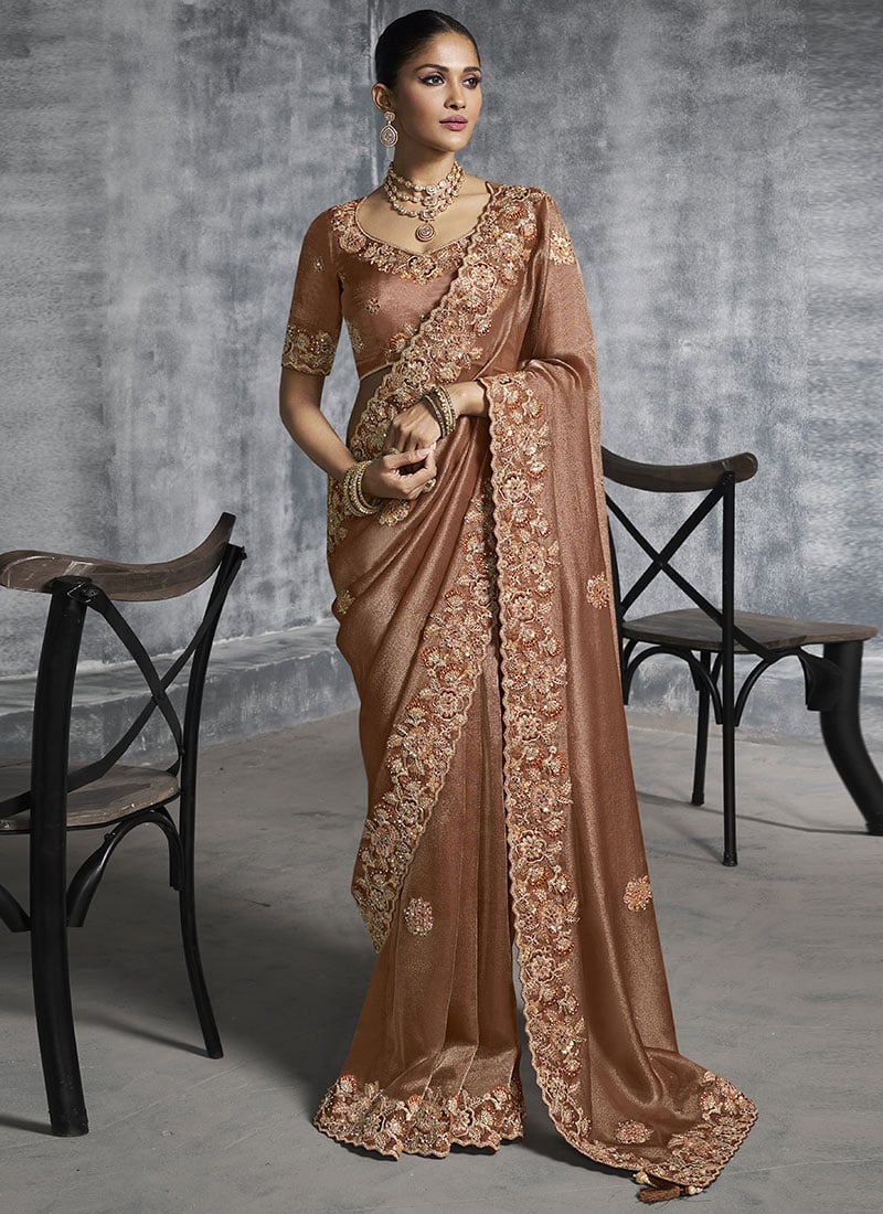 Brown Tissue Embroidered Sequins With Stone And Beads Work Saree  Wedding Wear
