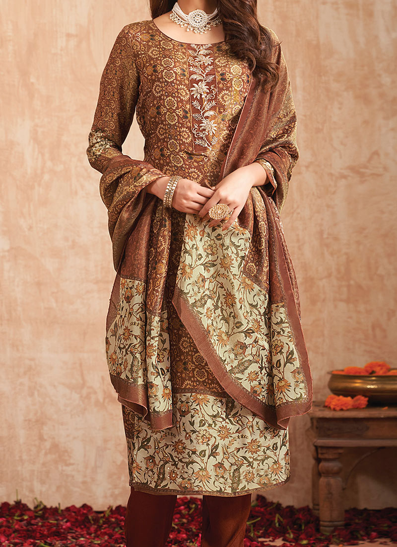 Brown Designer Readymade Pant Suit With Printed Embroidery Work