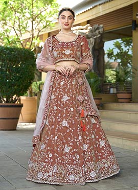 Brown Tissue Silk Embroidered Zari Umbrella Lehenga Wedding Wear