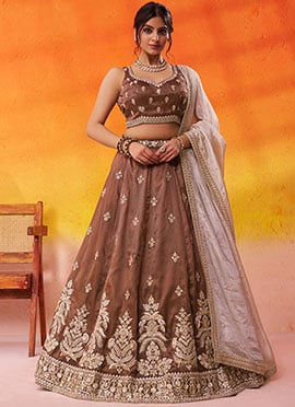 Brown Tissue Zari Embroidered Sequins With Beads Work Lehenga