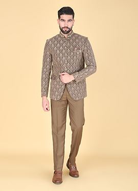 Brown Velvet Embroidered Sequins Beads Bandhgala Suit