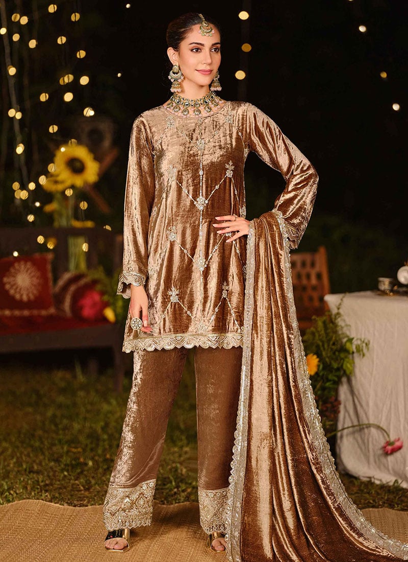 Brown Velvet Embroidered Sequins Zardosi Beads Straight Pant Suit Festive Wear
