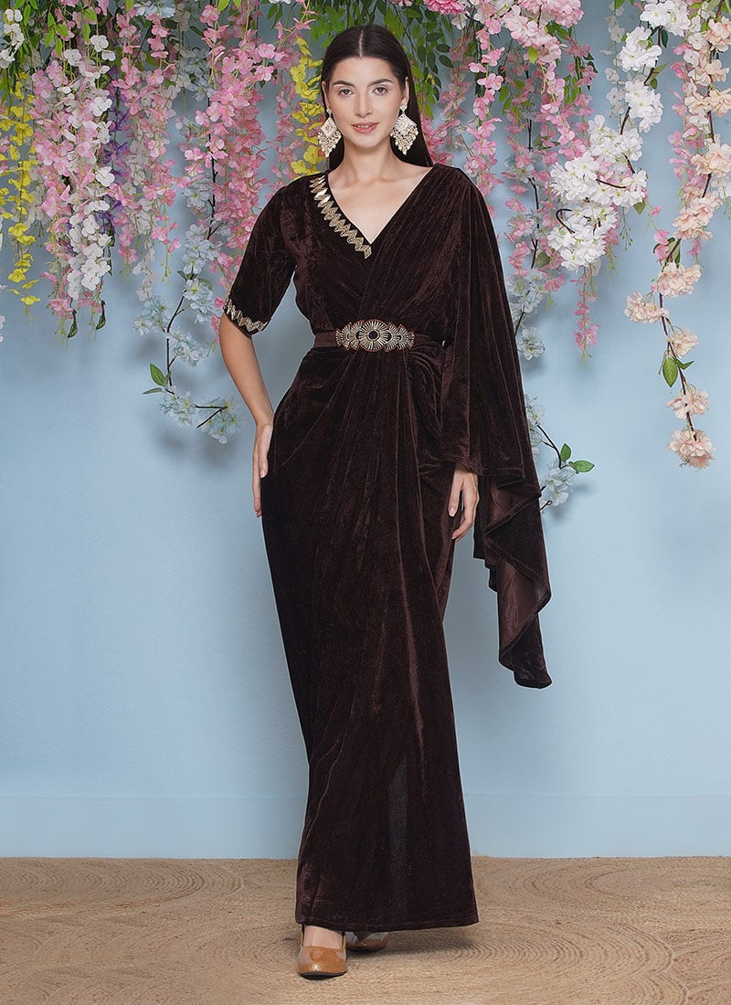 Brown Velvet Hand Embroidered Beads Cutdana Work Indowestern Ball Gown