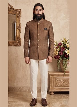 Brown Velvet Self Design Jodhpuri Suit For Men