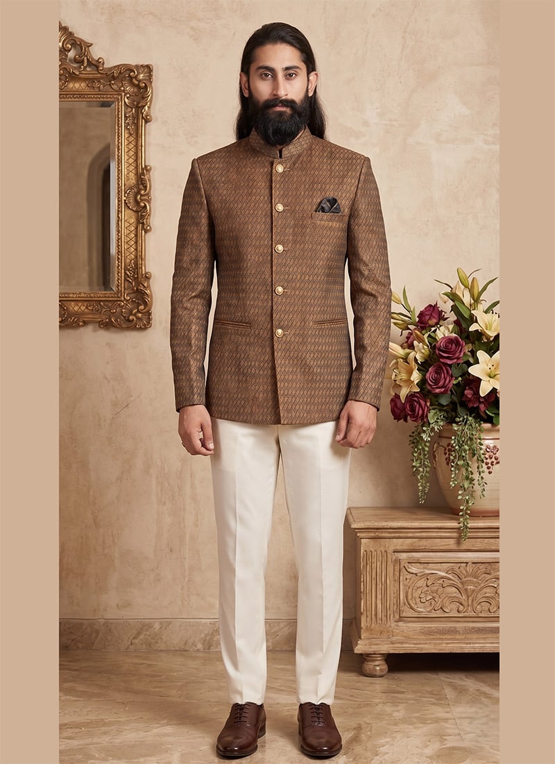 Brown Velvet Self Design Jodhpuri Suit For Men After Six Wear