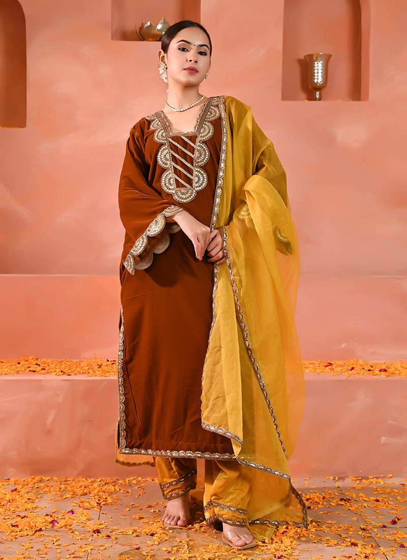 Brown Velvet Solid Zari Embroidered Lace Work Straight Pant Suit Festive Wear