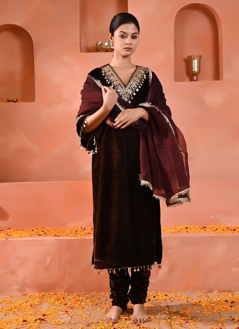 Brown Velvet Zari Embroidered Straight Pant Suit Festive Wear