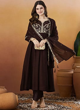 Brown Vichitra Silk Zari Sequin Embroidered Straight Pant Suit