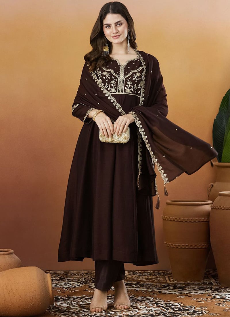 Brown Vichitra Silk Zari Sequin Embroidered Straight Pant Suit After Six Wear