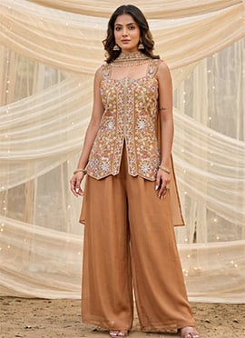 Brown Viscose Chinon Floral Embroidered Sequins Palazzo Suit