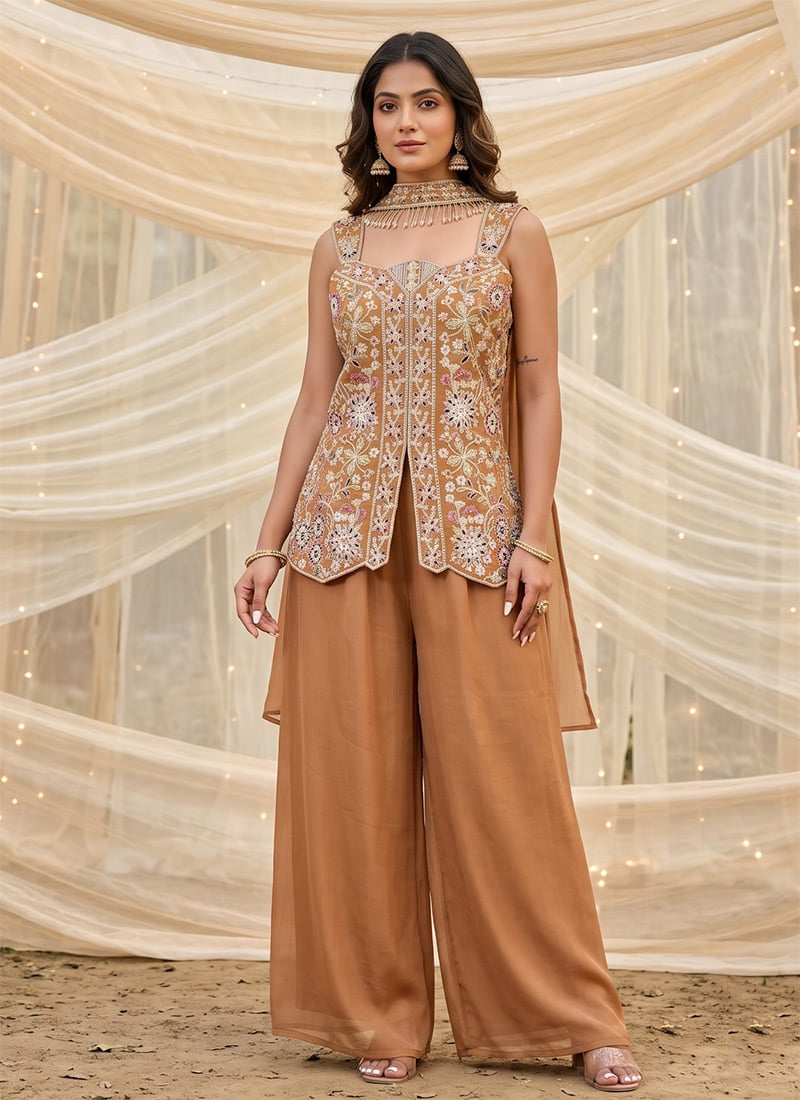 Brown Viscose Chinon Floral Embroidered Sequins Palazzo Suit Festive Wear