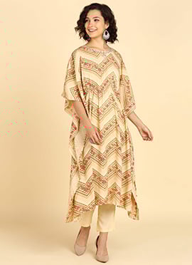 Brown Viscose Floral Print Kurta Straight Pant Set