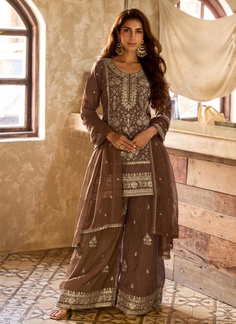 Brown Viscose Organza Embroidered Sequins Palazzo Suit Festive Wear