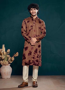 Brown Viscose Sequins Tie And Dye Print Kurta Pyjama