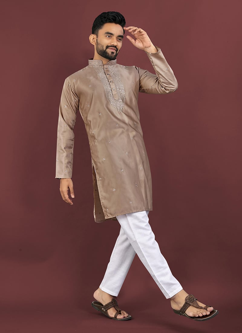 Brown Viscose Silk Embroidered Sequins Kurta Pyjama For Men Festive Wear