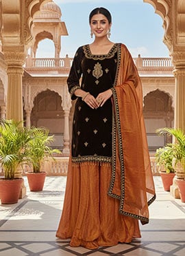 Brown Viscose Velvet Sequins Embroidered Long Choli Lehenga
