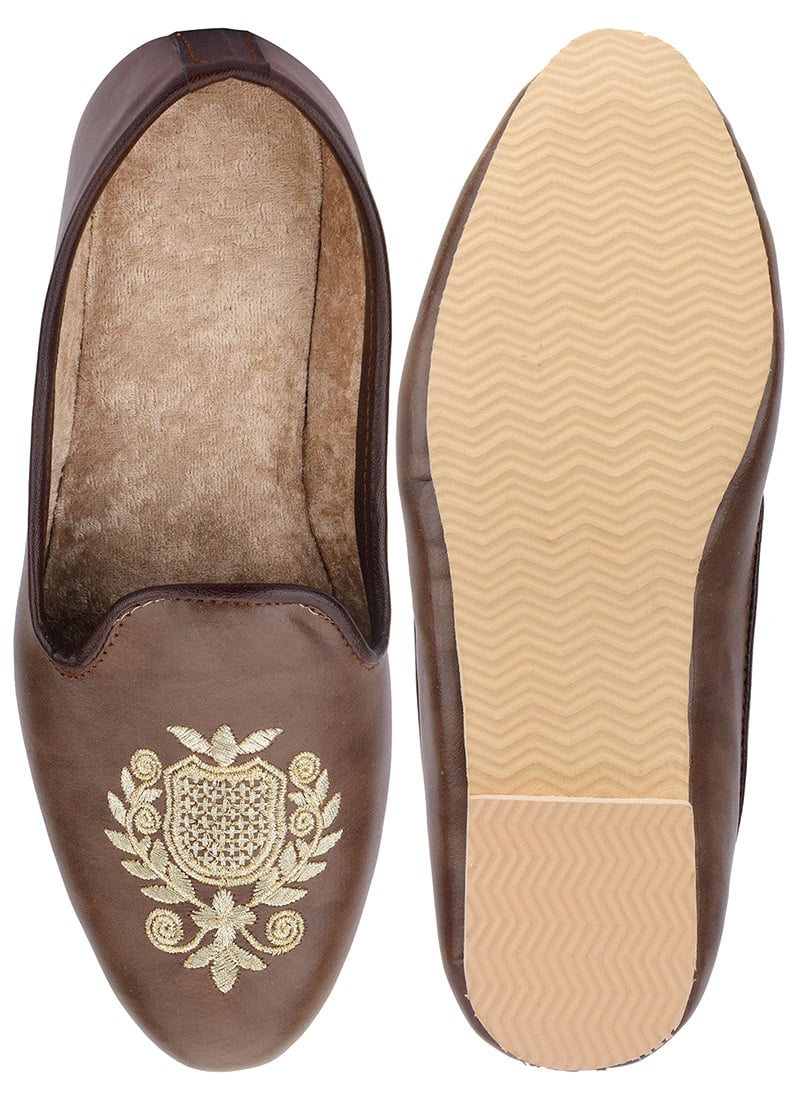 Brown Zari Embroidered Mojri