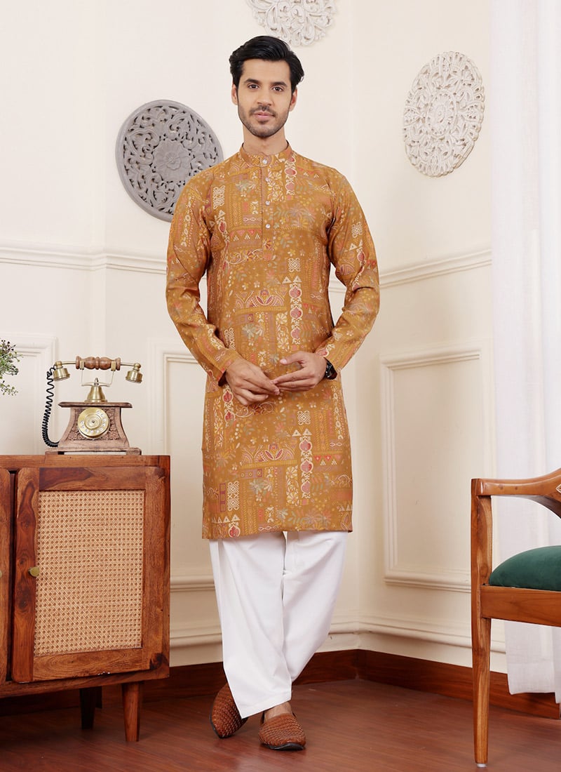 Brownish Yellow Modal Silk Printed Kurta