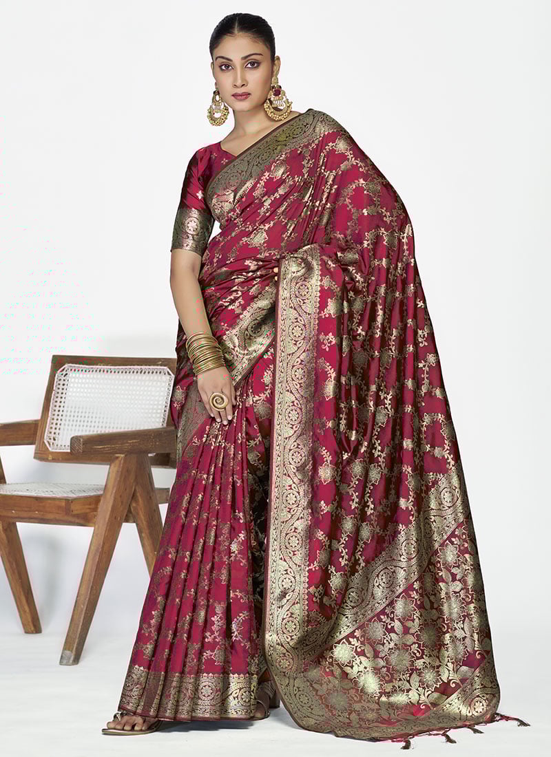 Burgundy Banarasi Silk Zari Woven Saree Festive Wear