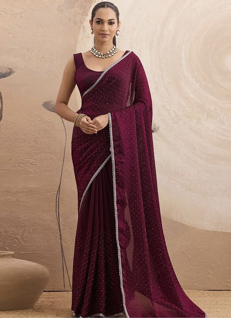 Burgundy Chiffon Tikki Work Saree